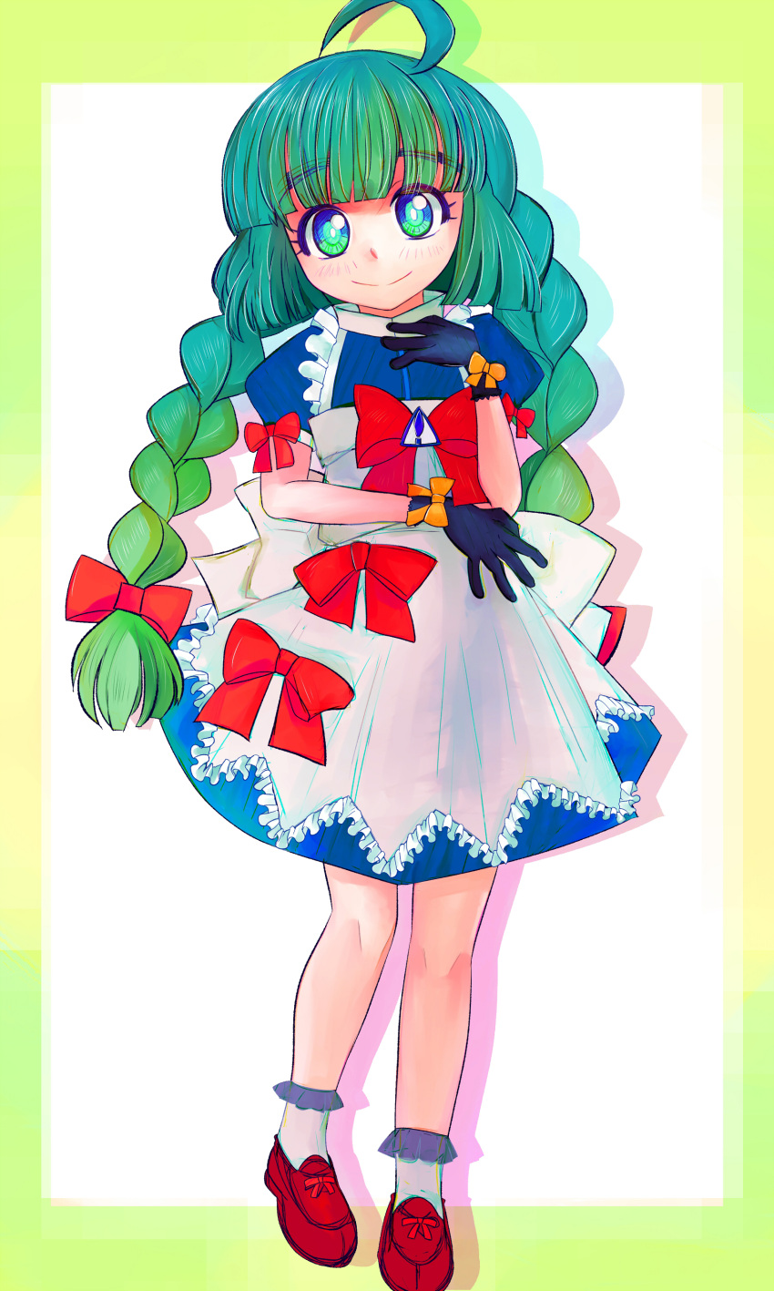 !, 1girl, absurdres, ahoge, apron, back_bow, black_gloves, blue_dress