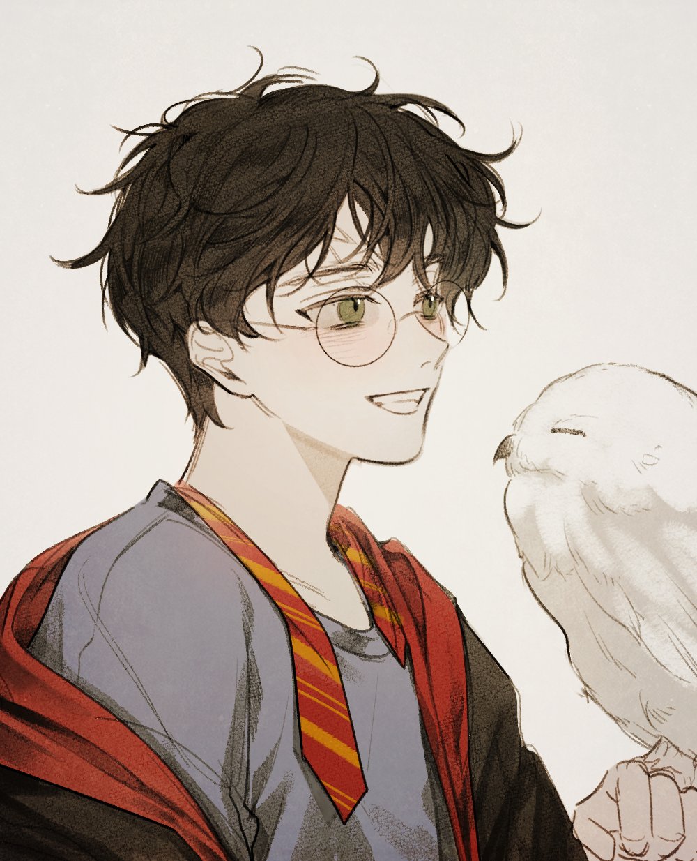 1boy, bird, black-framed_eyewear, black_coat, black_hair, blush, closed_eyes, coat