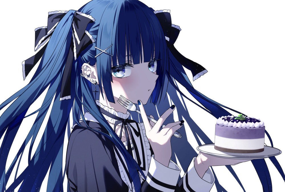 1girl, :t, black_bow, black_ribbon, blue_eyes, blue_hair, blunt_bangs, blush