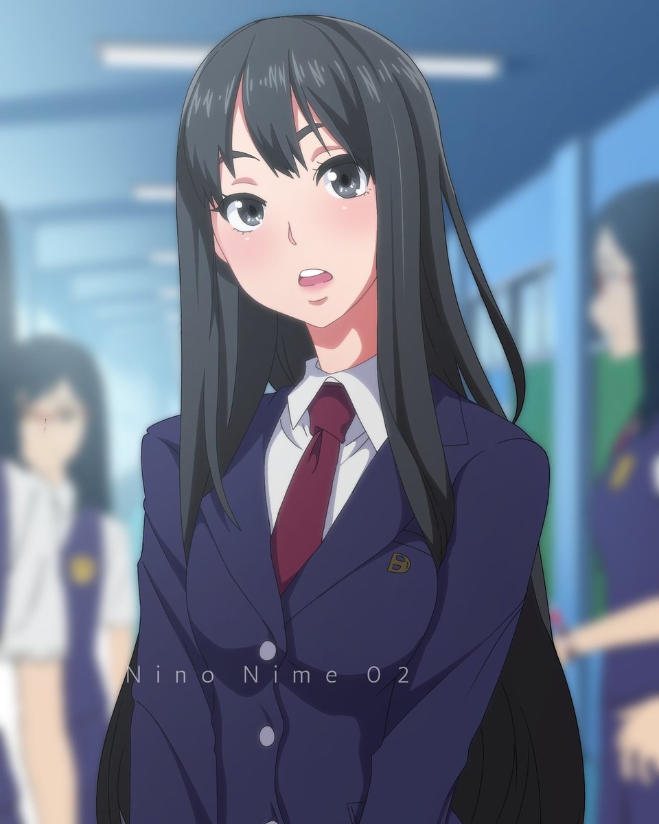 1girl, artist_name, black_eyes, black_hair, blurry, blurry_background, blush, breasts