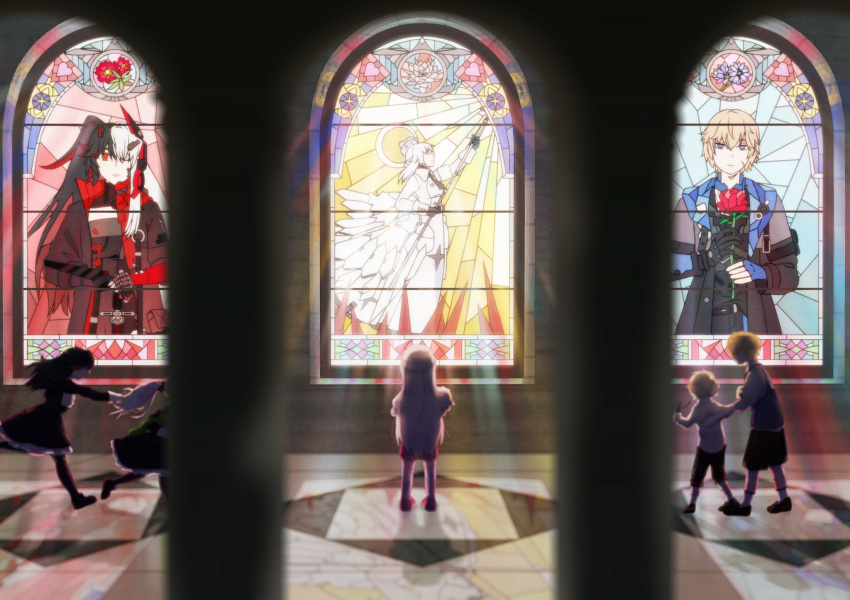 2boys, 3girls, aged_down, alpha_(punishing:_gray_raven), bandaid, bandaid_on_cheek, bandaid_on_face, black_dress