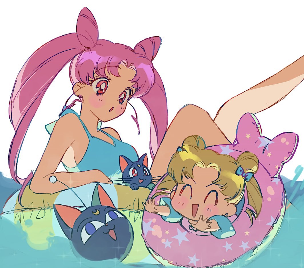 2girls, age_difference, bishoujo_senshi_sailor_moon, black_cat, black_lady, blonde_hair, blush, breasts