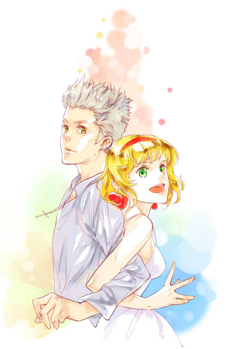arms_linked, belgium_(hetalia), blonde_hair, brother_and_sister, cross, green_eyes, grey_hair, hairband