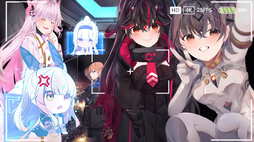 1boy, 5girls, absurdres, anger_vein, animal_ears, battery_indicator, bianca_(punishing:_gray_raven), black_dress