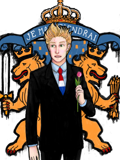 axis_powers_hetalia, blonde_hair, coat_of_arms, crown, flower, formal, green_eyes, lion, male, necktie, netherlands_(hetalia), piratelicker, scar, solo, suit, sword, tegaki, text, tulip, weapon