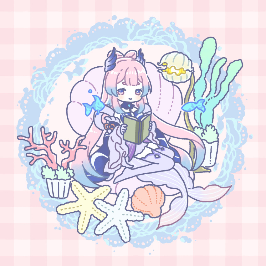 1girl, blue_hair, blue_kimono, book, bow-shaped_hair, chair, closed_mouth, coral