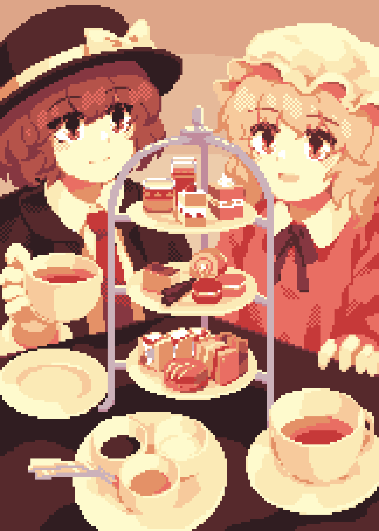 2girls, black_headwear, black_jacket, blonde_hair, breasts, cake, cake_slice, closed_mouth, collared_dress, collared_shirt, cup, dress, fedora, food, hat, hat_ribbon, highres, holding, holding_cup, jacket, long_sleeves, looking_at_object, maribel_hearn, medium_breasts, multiple_girls, neck_ribbon, necktie, open_mouth, pink_dress, pixel_art, plate, red_necktie, ribbon, shirt, short_hair, smile, spoon, sweets, table, tea, teacup, tiered_tray, touhou, usami_renko, wasabisuke, white_ribbon, white_shirt
