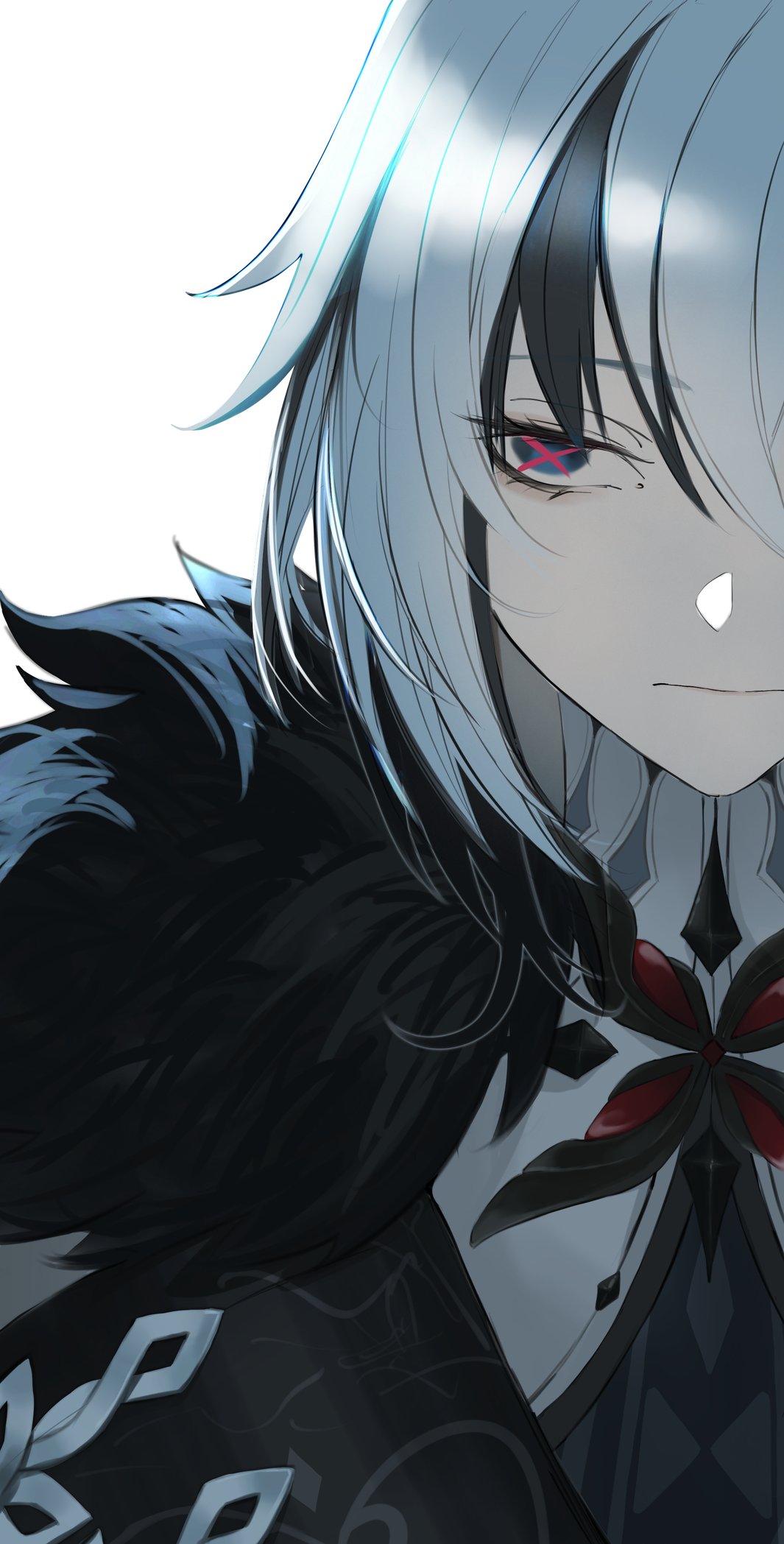 1girl, arlecchino_(genshin_impact), black_hair, cloak, closed_mouth, coat, fur-trimmed_cloak, fur_trim