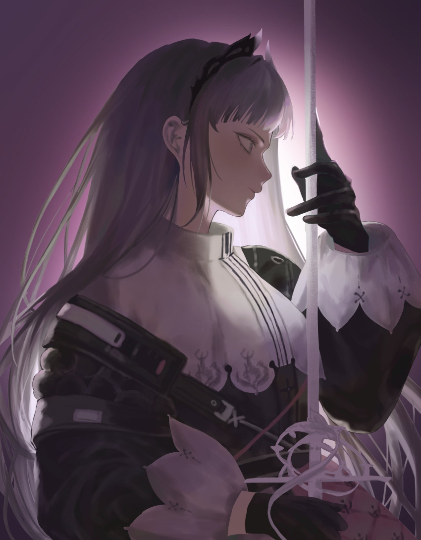 1girl, arknights, black_gloves, closed_mouth, commentary, dress, from_side, gloves, grey_eyes, grey_hair, head_wings, highres, holding, holding_sword, holding_weapon, irene_(arknights), long_hair, long_sleeves, megumui_9, profile, purple_background, rapier, simple_background, solo, sword, very_long_hair, weapon, wings