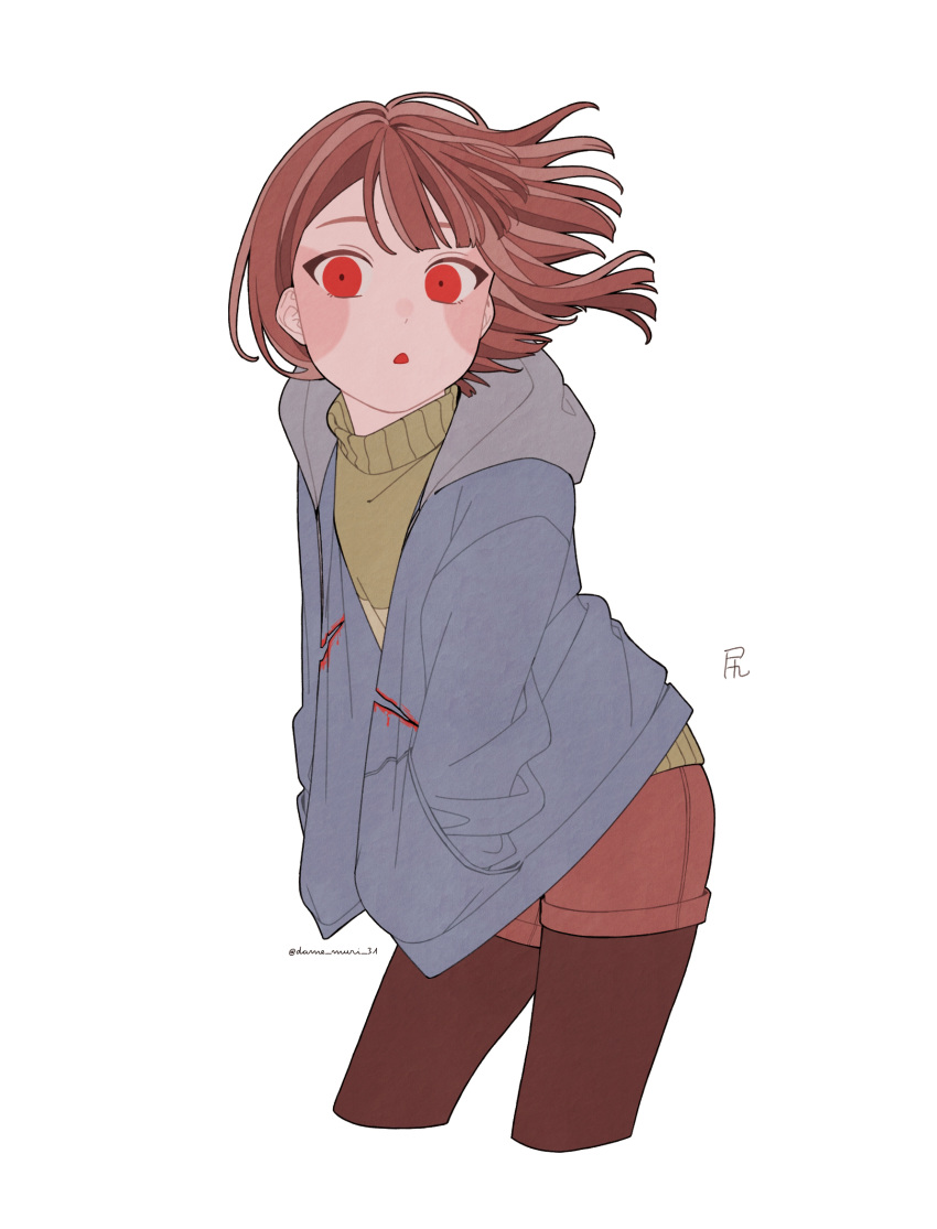 1girl, ake_blood, blue_jacket, blush_stickers, brown_hair, brown_pantyhose, brown_shorts, chara_(undertale), commentary, dot_nose, green_sweater, hands_in_pockets, highres, jacket, open_mouth, pantyhose, red_eyes, short_hair, shorts, signature, sweater, twitter_username, undertale, white_background