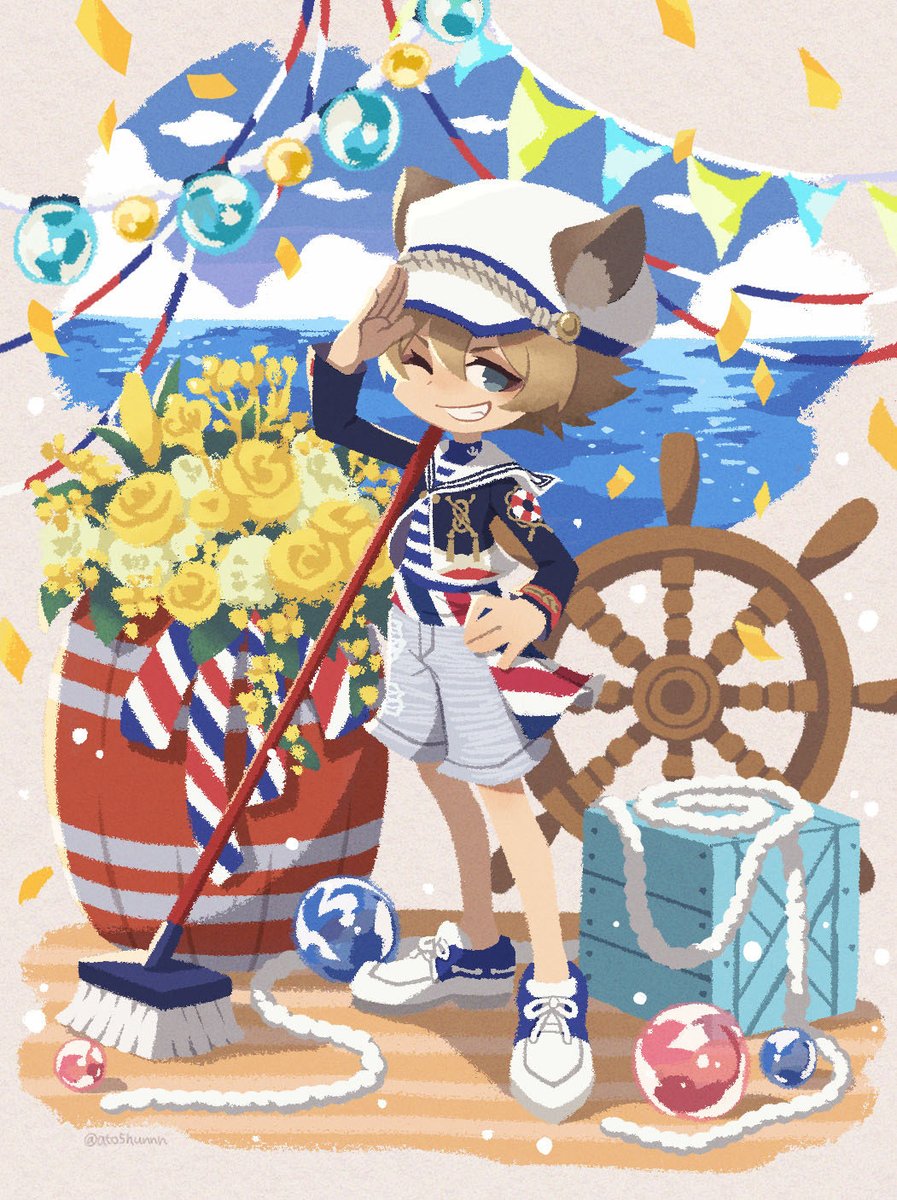 1boy, anchor_print, animal_ear_fluff, bamboo_grass, barrel, blue_footwear, blue_jacket, blue_sky