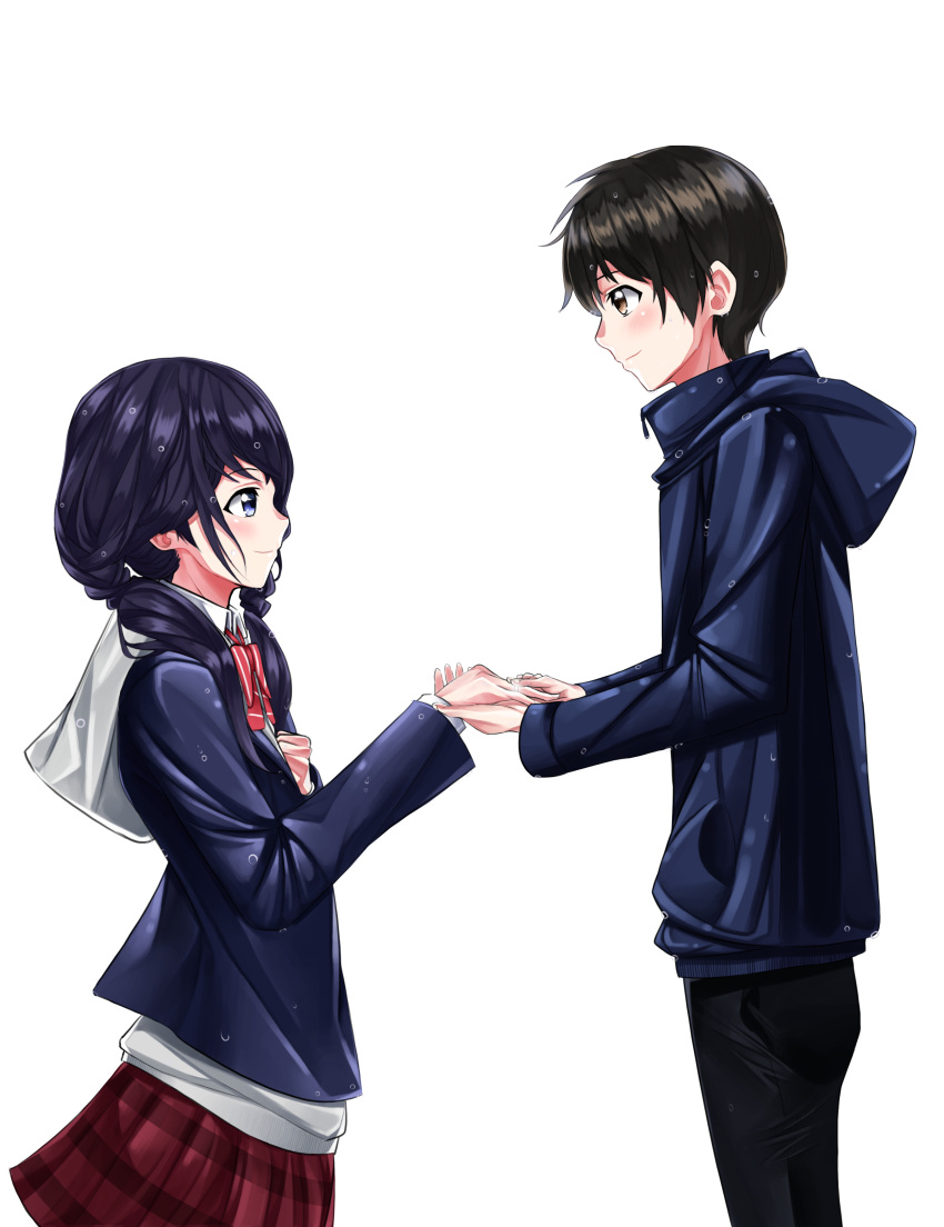 1boy, 1girl, absurdres, amano_hina_(tenki_no_ko), black_hair, black_pants, blue_eyes, blue_jacket