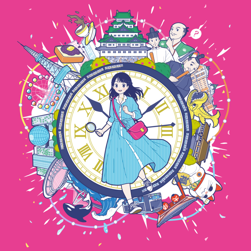 1girl, 3boys, ?, bag, black_footwear, black_hair, blue_dress, blush