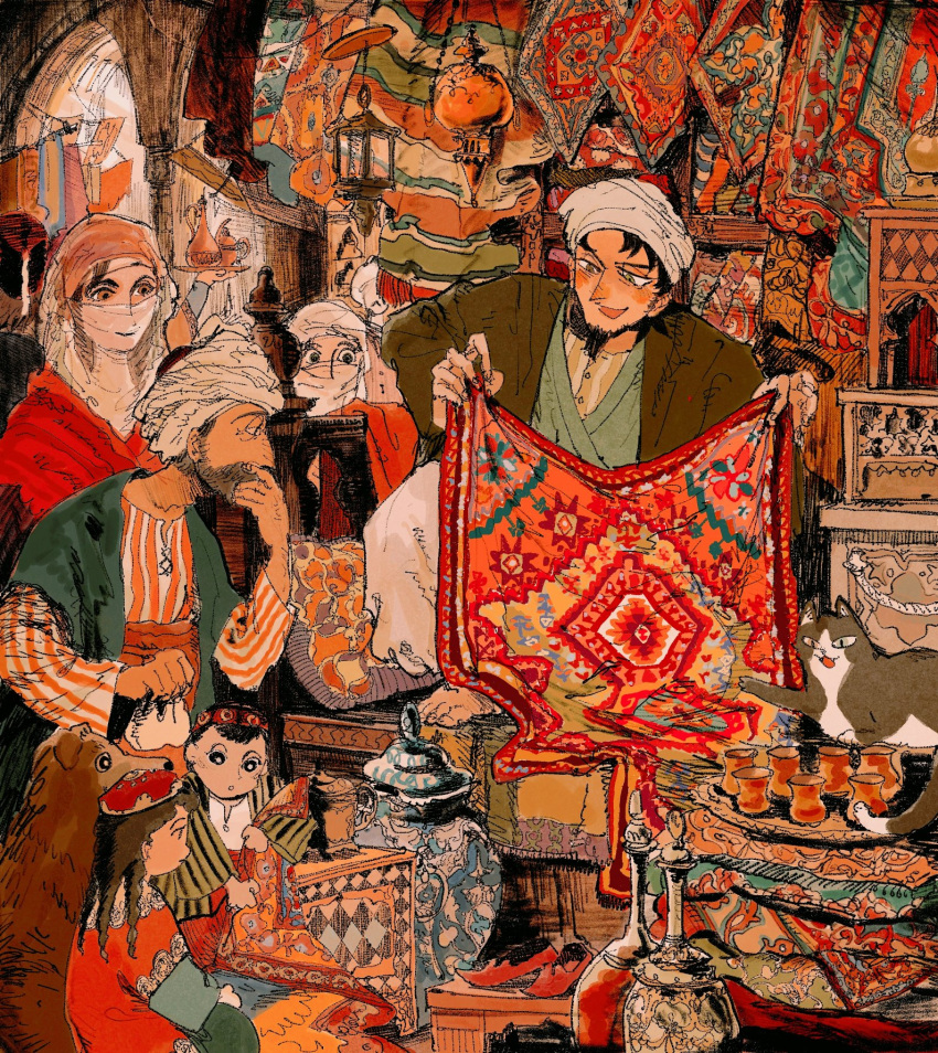 3boys, 3girls, barefoot, beard, black_hair, bonnieincitiy, brown_hair, cat, dog, facial_hair, highres, holding, holding_rug, jar, long_sleeves, market_stall, multiple_boys, multiple_girls, open_mouth, original, print_shirt, red_footwear, rug, shirt, shoes, shoes_removed, silk, smile, turban, veil, white_headwear