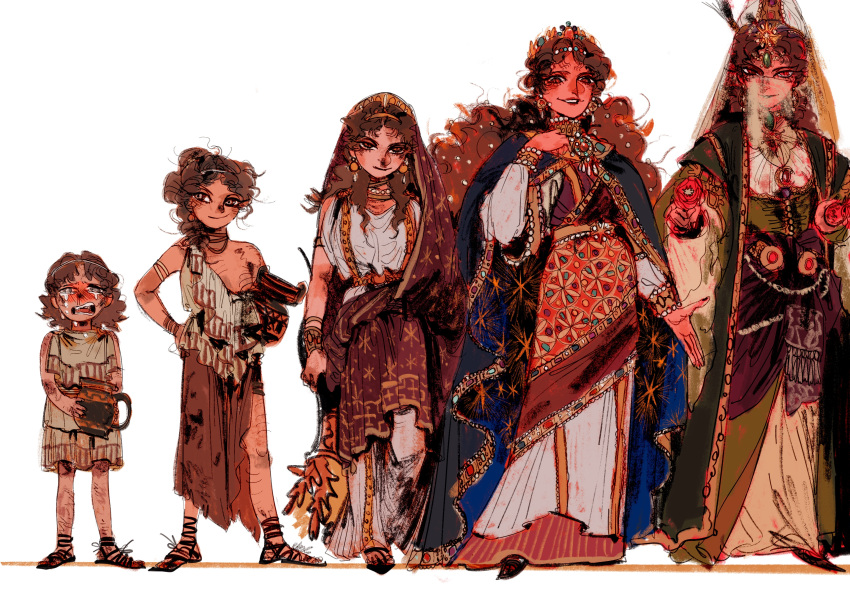1girl, absurdres, age_progression, bare_shoulders, black_cape, bonnieincitiy, brown_hair, cape, crying, earrings, flower, hand_on_own_hip, hand_up, highres, holding, holding_flower, jewelry, original, parted_lips, personification, print_skirt, red_eyes, red_flower, redhead, sandals, simple_background, skirt, smile, veil, white_background