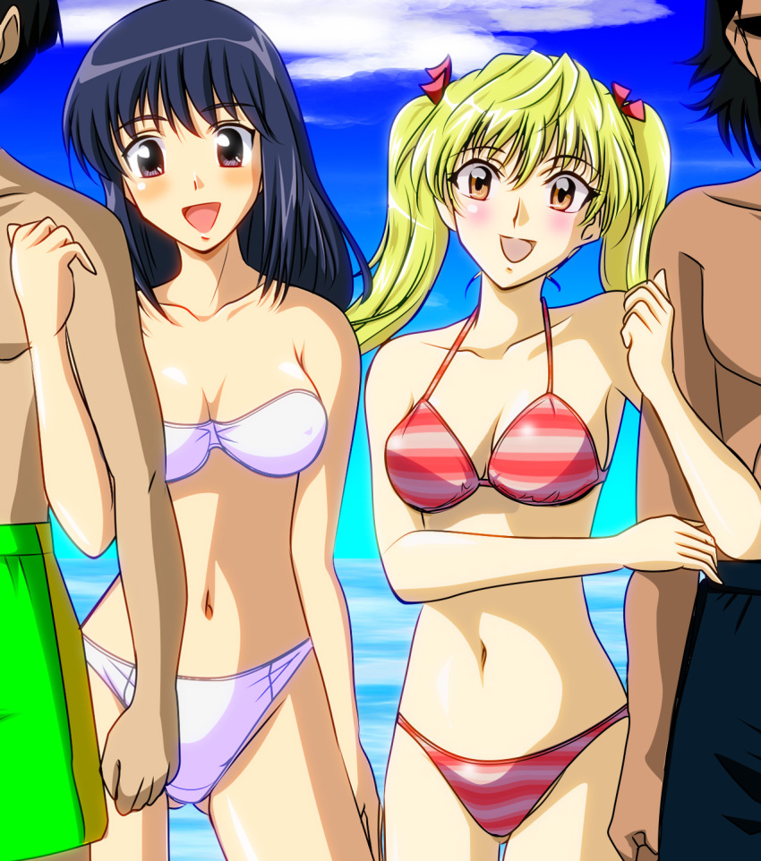 bikini, black_hair, blonde_hair, blush, brown_eyes, cleavage, gentoku, good_end