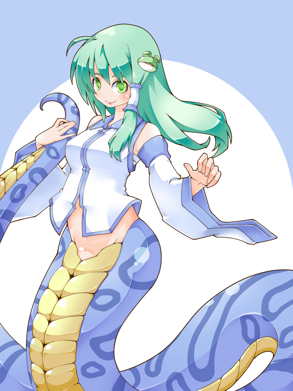 detached_sleeves, frog, green_eyes, green_hair, hair_ornament, holding_tail, kochiya_sanae, lamia