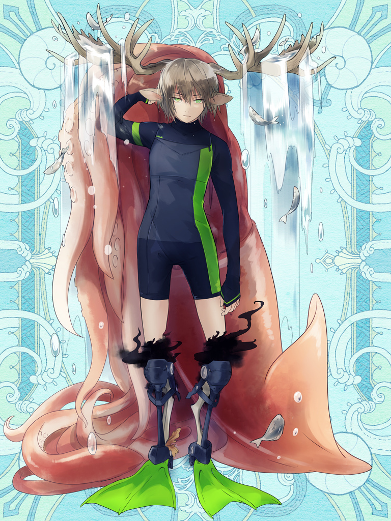 1boy, animal_ears, antlers, black_bodysuit, blue_background, bodysuit, brown_hair, deer_ears, fish, flippers, full_body, green_eyes, hand_up, horns, kerberos_blade, looking_at_viewer, mayonaka_niji_sugi, one-piece_swimsuit, short_hair, solo, squid, standing, swimsuit, tsudzuaori_kadan, water