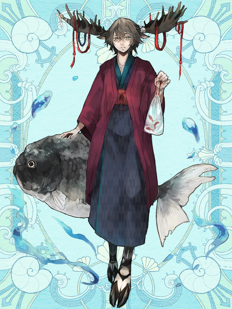 1girl, animal_ears, antlers, bag, bagged_fish, blue_background, brown_hair, deer_ears