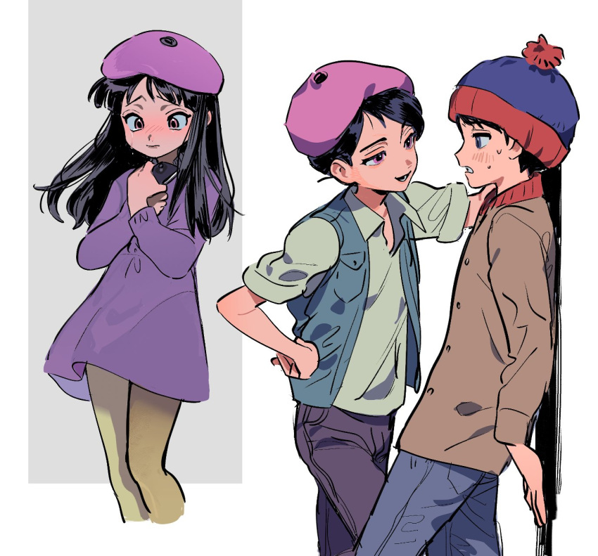 1boy, 1girl, animification, beanie, black_hair, brown_coat, child, coat, commentary, commentary_request, couple, female_child, hat, hetero, highres, juvenile, long_hair, looking_at_another, male_child, s90jiiqo2xf0fk5, south_park, stan_marsh, tears, teasing, tomboy, wendy_testaburger, young