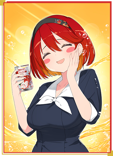 1girl, :d, ^_^, apple, apple_juice, apple_print, autumn_leaves, black_hairband