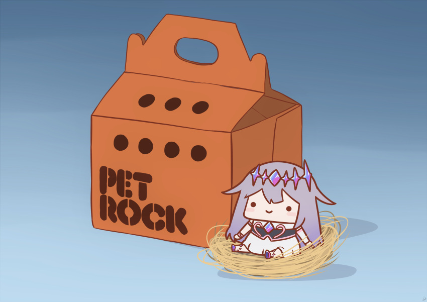 1girl, absurdres, bird_nest, blue_background, box, cardboard_box, crown, crystal, dress, gem, gem_on_chest, grey_hair, hair_ornament, highres, hololive, hololive_english, jewelry, koseki_bijou, long_hair, pet_rock, phdpigeon, simple_background, smile, solo, virtual_youtuber, white_dress