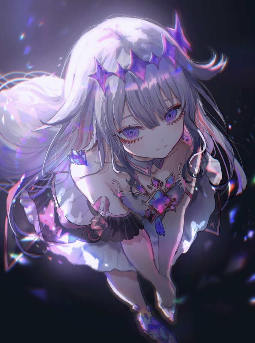 1girl, asano_(kazusasn), commentary, crown, crystal, detached_collar, dress, gem, gem_on_chest, grey_hair, hair_ornament, highres, hololive, hololive_english, jewel_under_eye, jewelry, koseki_bijou, long_hair, looking_at_viewer, solo, violet_eyes, virtual_youtuber, white_dress