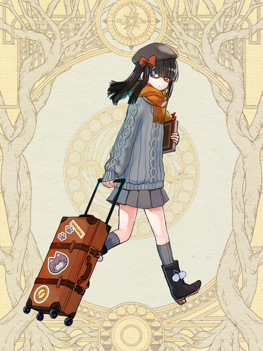 1girl, beret, black_footwear, black_hair, blue_eyes, book, boots, bow