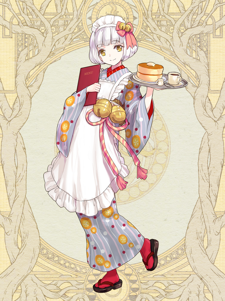 1girl, apron, bell, cup, dairoku_ryouhei, food, full_body, holding