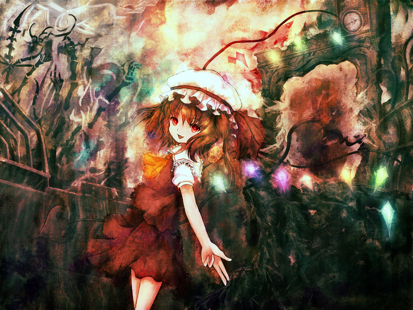 bow, dress, flandre_scarlet, glowing, glowing_eyes, hat, highres, laevatein