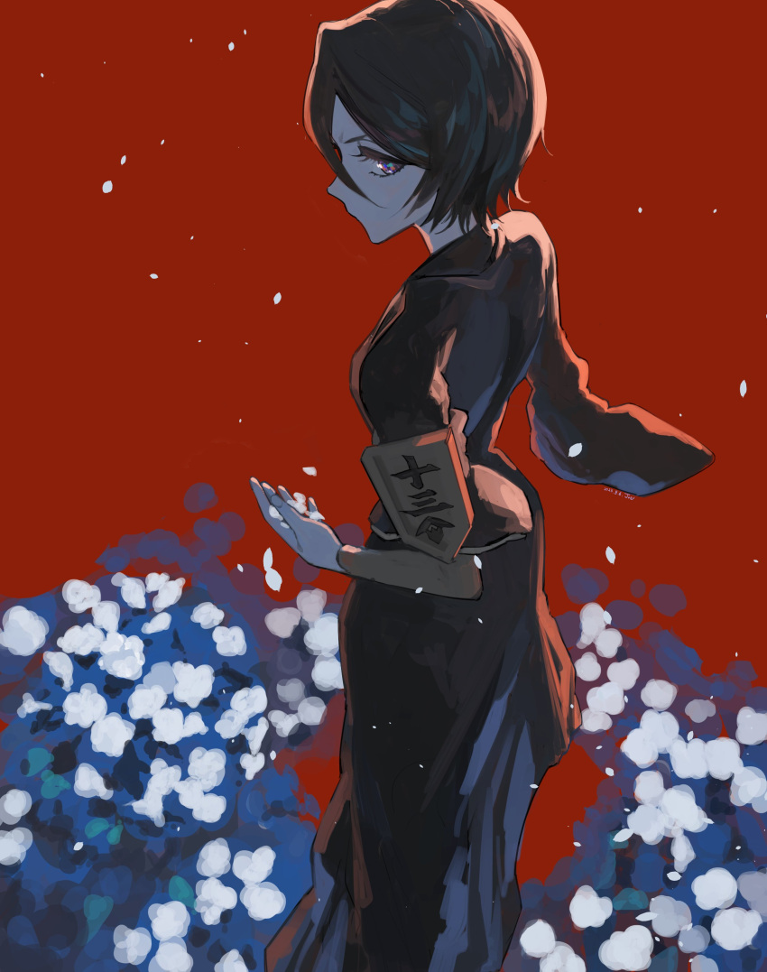 1girl, absurdres, badge, black_hair, black_kimono, bleach, eyelashes, flower