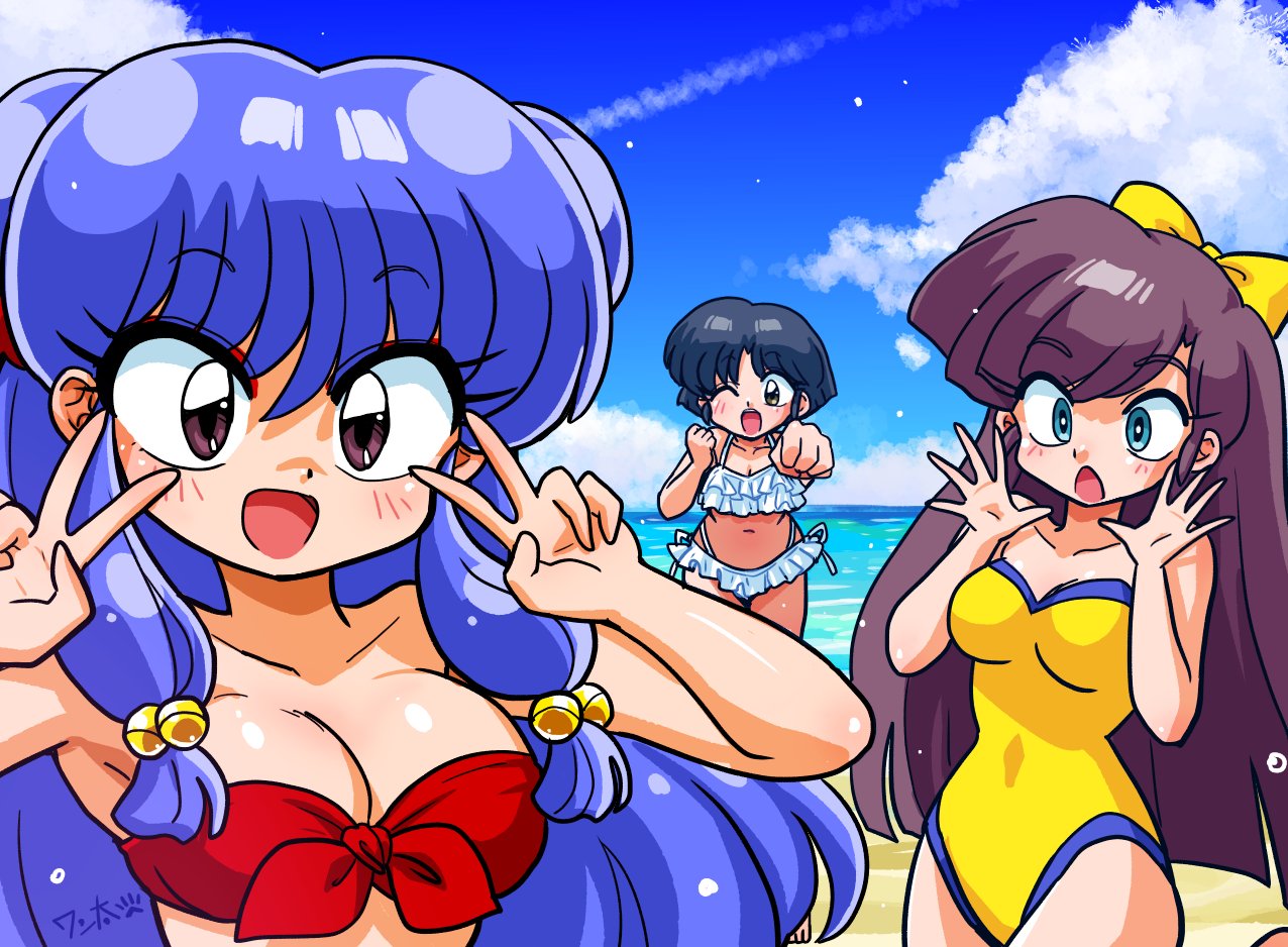 3girls, bikini, blue_eyes, blush, bow, breasts, brown_eyes, brown_hair