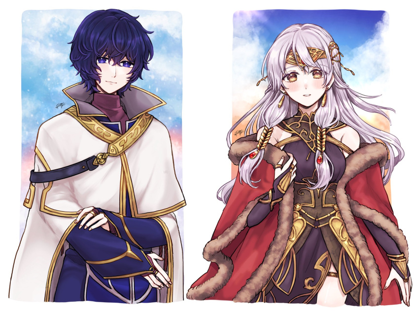 1boy, 1girl, bare_shoulders, black_dress, blue_eyes, blue_hair, blue_robe, bridal_gauntlets, cape, circlet, coat, dress, earrings, fire_emblem, fire_emblem:_radiant_dawn, fire_emblem_cipher, fire_emblem_heroes, fur_trim, gloves, grey_hair, half_updo, highres, jewelry, long_hair, long_sleeves, looking_at_viewer, micaiah_(fire_emblem), micaiah_(radiant_queen)_(fire_emblem), misato_hao, pelleas_(fire_emblem), red_cape, red_coat, robe, side_slit, simple_background, sleeveless, sleeveless_dress, smile, turtleneck_dress, upper_body, white_cape, yellow_eyes
