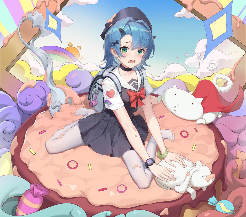 1girl, animal, bag_behind_back, black_choker, black_headwear, black_horns, black_skirt, blue_hair
