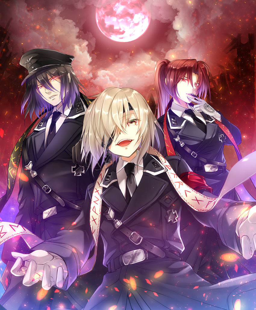 1girl, 2boys, belt, bishounen, black_belt, black_jacket, black_necktie, black_pants, blonde_hair, cigar, collared_shirt, cross, dies_irae, eleonore_von_wittenburg, embers, eyelashes, full_moon, gloves, glowing, glowing_eye, hatori_mia, highres, iron_cross, jacket, military_uniform, moon, multiple_boys, nazi, necktie, open_mouth, pants, parted_lips, ponytail, quinn_(kokubyaku_no_avesta), red_armband, red_eyes, red_sky, redhead, reichsadler, runes, scared, shinza_bansho_series, shirt, sky, smoking, ss_insignia, teeth, uniform, upper_teeth_only, white_gloves, wolfgang_schreiber