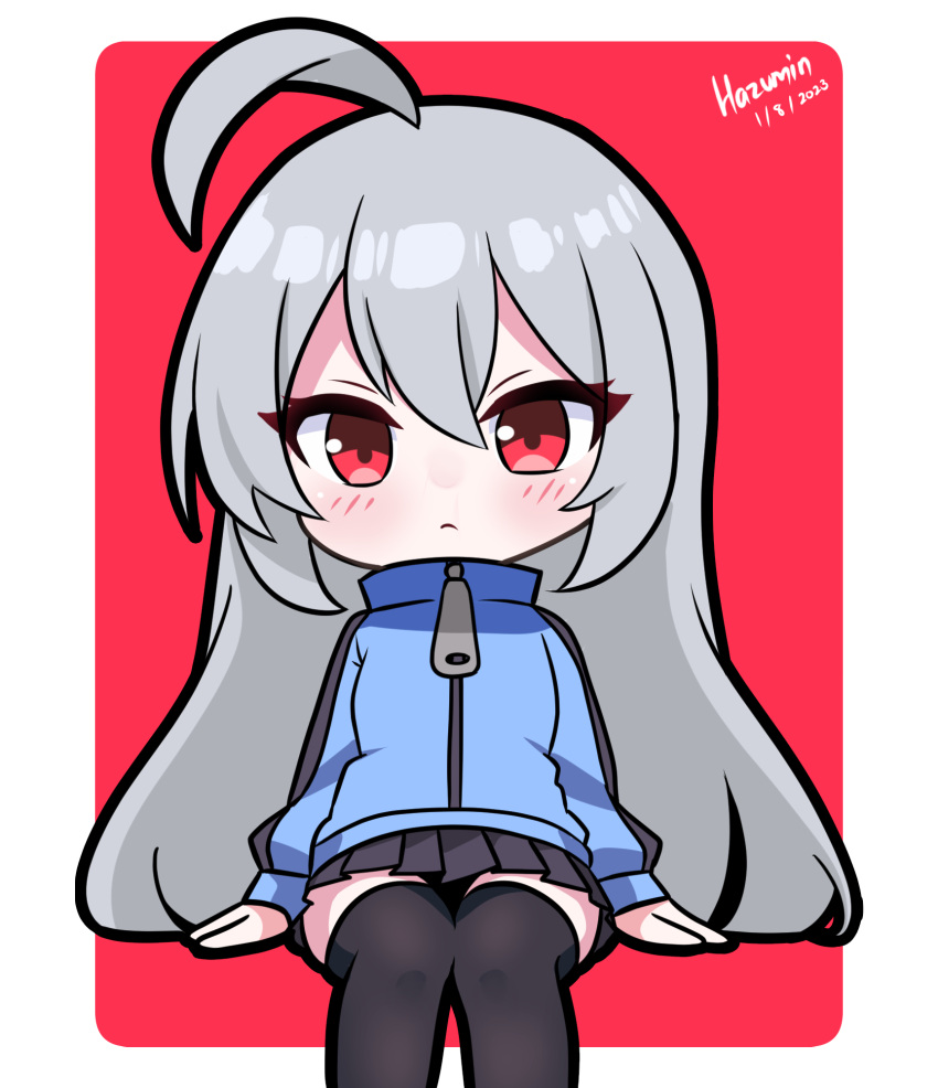 100_percent_orange_juice, 1girl, ahoge, black_skirt, black_thighhighs, blue_jacket, border, chibi, closed_mouth, expressionless, feet_out_of_frame, grey_hair, hazuein, highres, jacket, long_hair, long_sleeves, original, puffy_sleeves, red_background, red_eyes, skirt, solo, suguri, suguri_(character), thigh-highs, very_long_hair, white_border