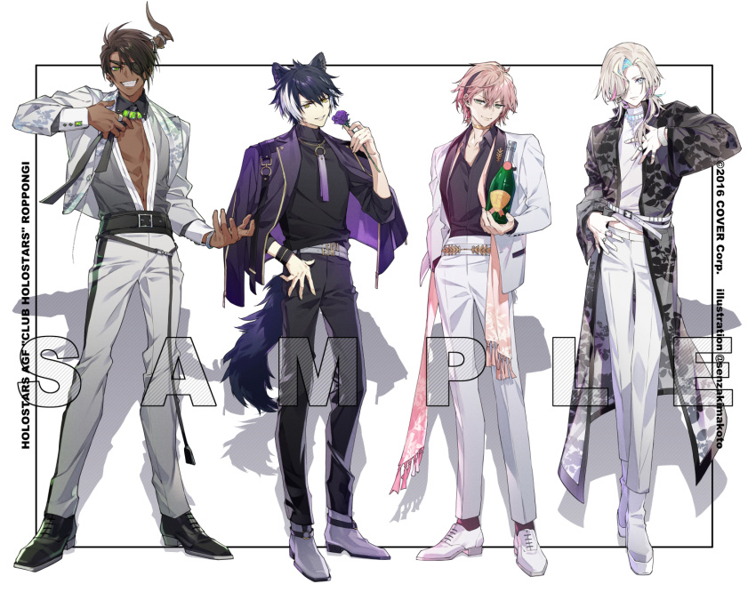 4boys, :|, abs, adjusting_clothes, adjusting_necktie, alternate_costume, animal_ears, ankle_boots