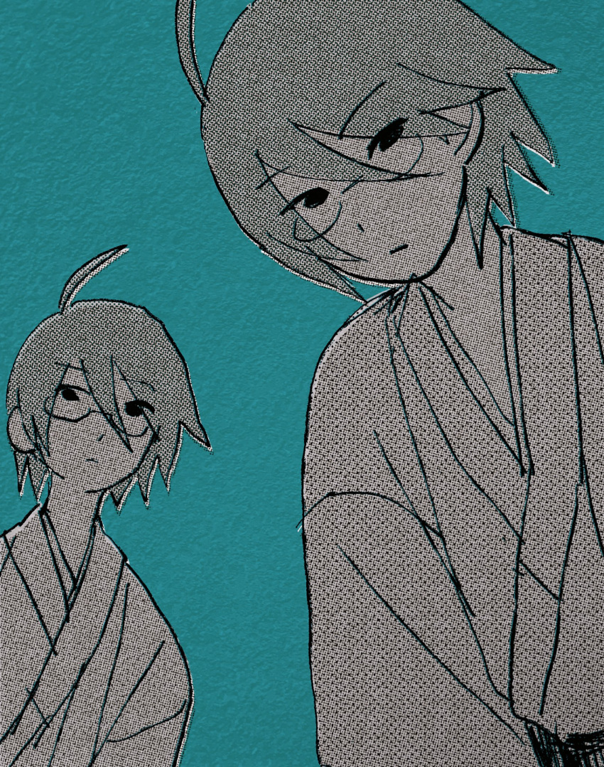 1boy, ahoge, blue_background, closed_mouth, crosshatching, faux_traditional_media, frown, glasses