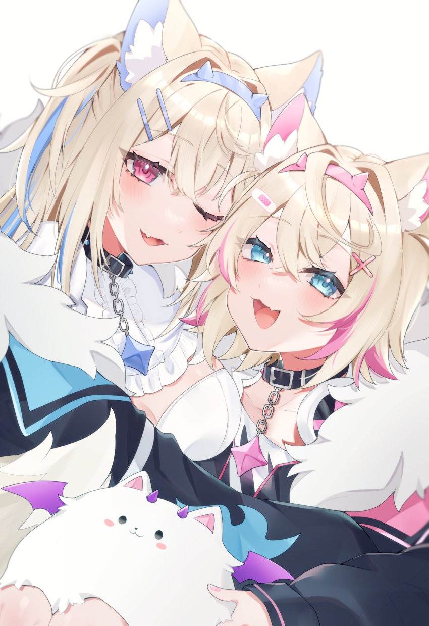 2girls, :3, animal_ear_fluff, animal_ears, belt_collar, black_collar, black_jacket, blonde_hair, blue_eyes, blue_hair, blush, collar, cropped_jacket, cropped_shirt, dog_ears, dog_girl, dress, fang, fur-trimmed_jacket, fur_trim, fuwawa_abyssgard, hair_ornament, hairpin, headphones, headphones_around_neck, highres, hololive, hololive_english, hug, jacket, konkonmarumaru, long_hair, looking_at_viewer, medium_hair, mococo_abyssgard, multicolored_hair, multiple_girls, one_eye_closed, perroccino_(fuwamoco), pink_eyes, pink_hair, shirt, siblings, sisters, skin_fang, streaked_hair, twins, virtual_youtuber, white_dress, white_shirt, x_hair_ornament