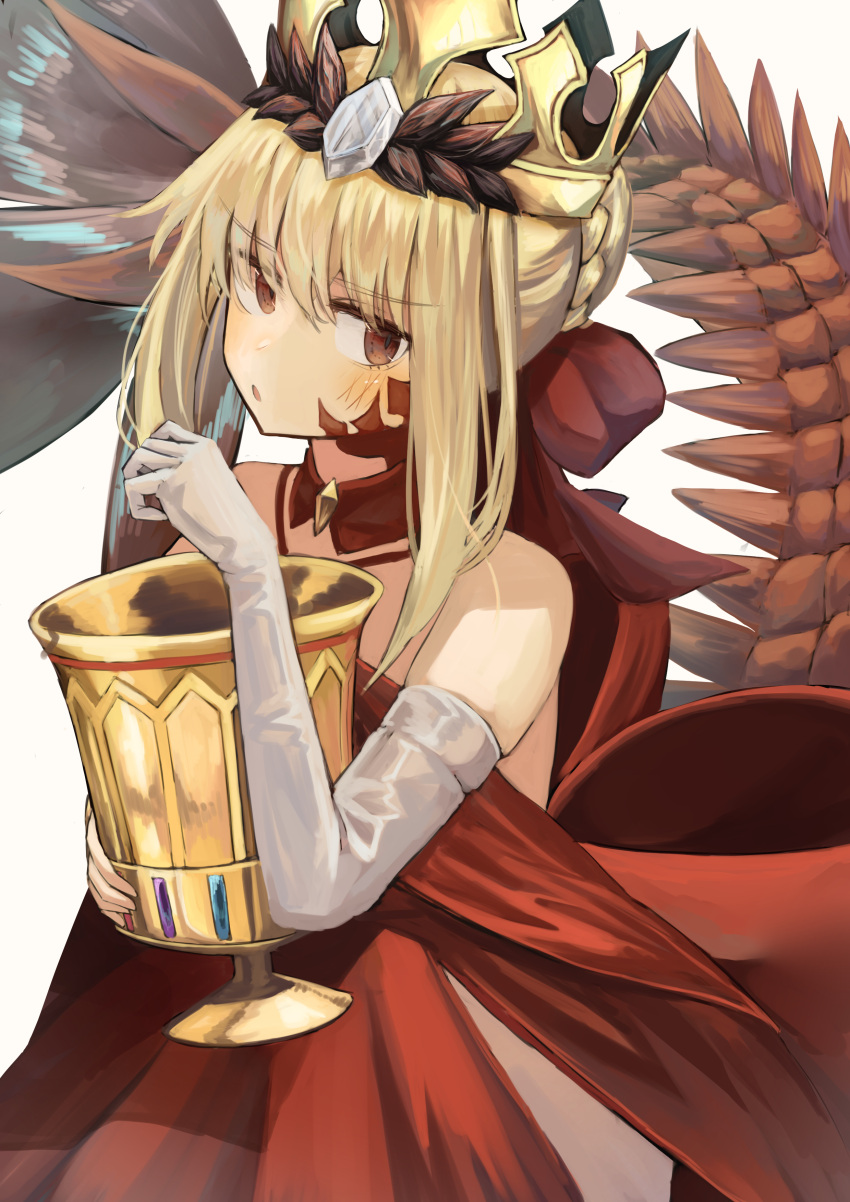 1girl, absurdres, bare_shoulders, blonde_hair, blush, braid, crown, dragon_tail, dress, elbow_gloves, facial_mark, fate/grand_order, fate_(series), gloves, hair_bun, highres, holy_grail_(fate), kokoa_10701, looking_at_viewer, nero_claudius_(fate), open_mouth, queen_draco_(fate), queen_draco_(first_ascension)_(fate), red_dress, red_eyes, scales, sidelocks, simple_background, single_glove, solo, tail, white_background, white_gloves