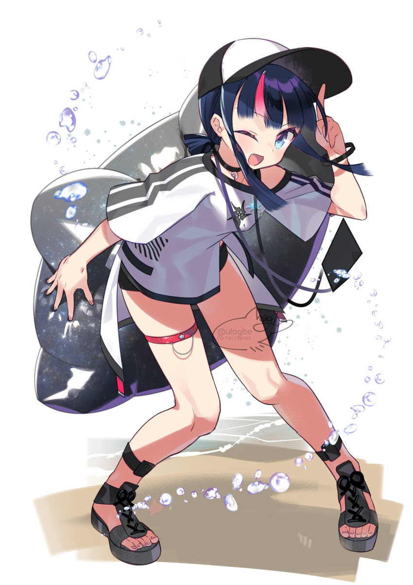 1girl, bare_shoulders, baseball_cap, black_hair, black_shorts, blue_eyes, blush, breasts, choker, collarbone, fate/grand_order, fate_(series), full_body, hat, highres, index_finger_raised, innertube, leaning_forward, looking_at_viewer, low_twintails, medium_hair, multicolored_hair, negi_(ulog'be), one_eye_closed, open_mouth, pink_hair, ponytail, purple_hair, sandals, shirt, short_hair, short_shorts, short_sleeves, short_twintails, shorts, sidelocks, small_breasts, smile, solo, streaked_hair, thigh_strap, twintails, utsumi_erice, utsumi_erice_(swimsuit_avenger), utsumi_erice_(swimsuit_avenger)_(first_ascension), white_headwear, white_shirt