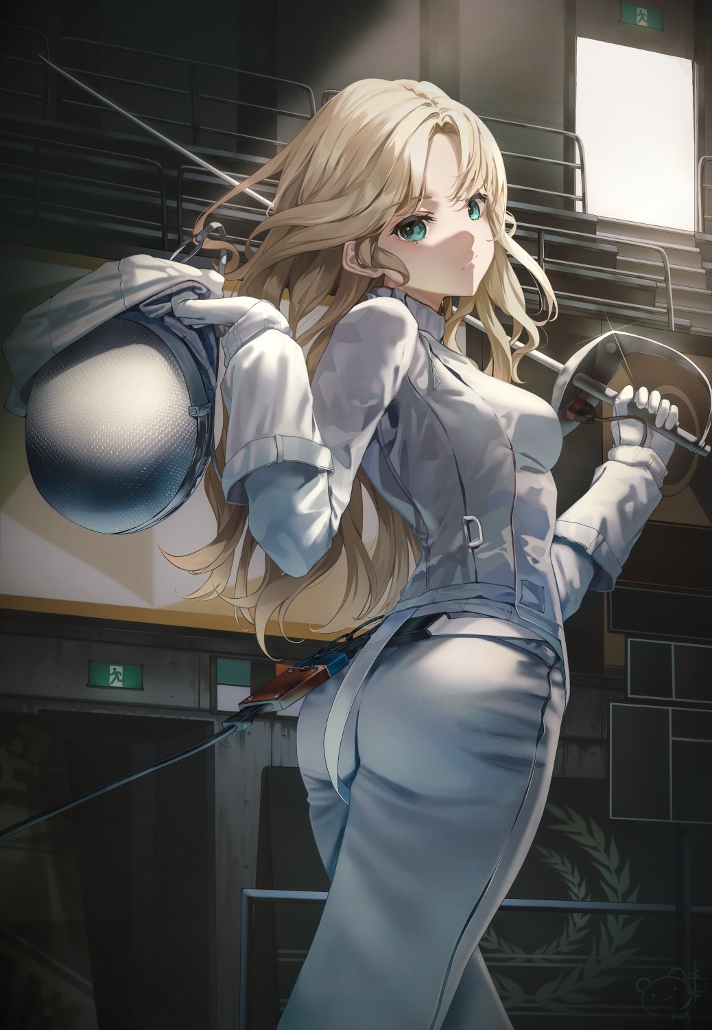 1girl, aqua_eyes, blonde_hair, closed_mouth, commentary, fencer, floating_hair, forehead