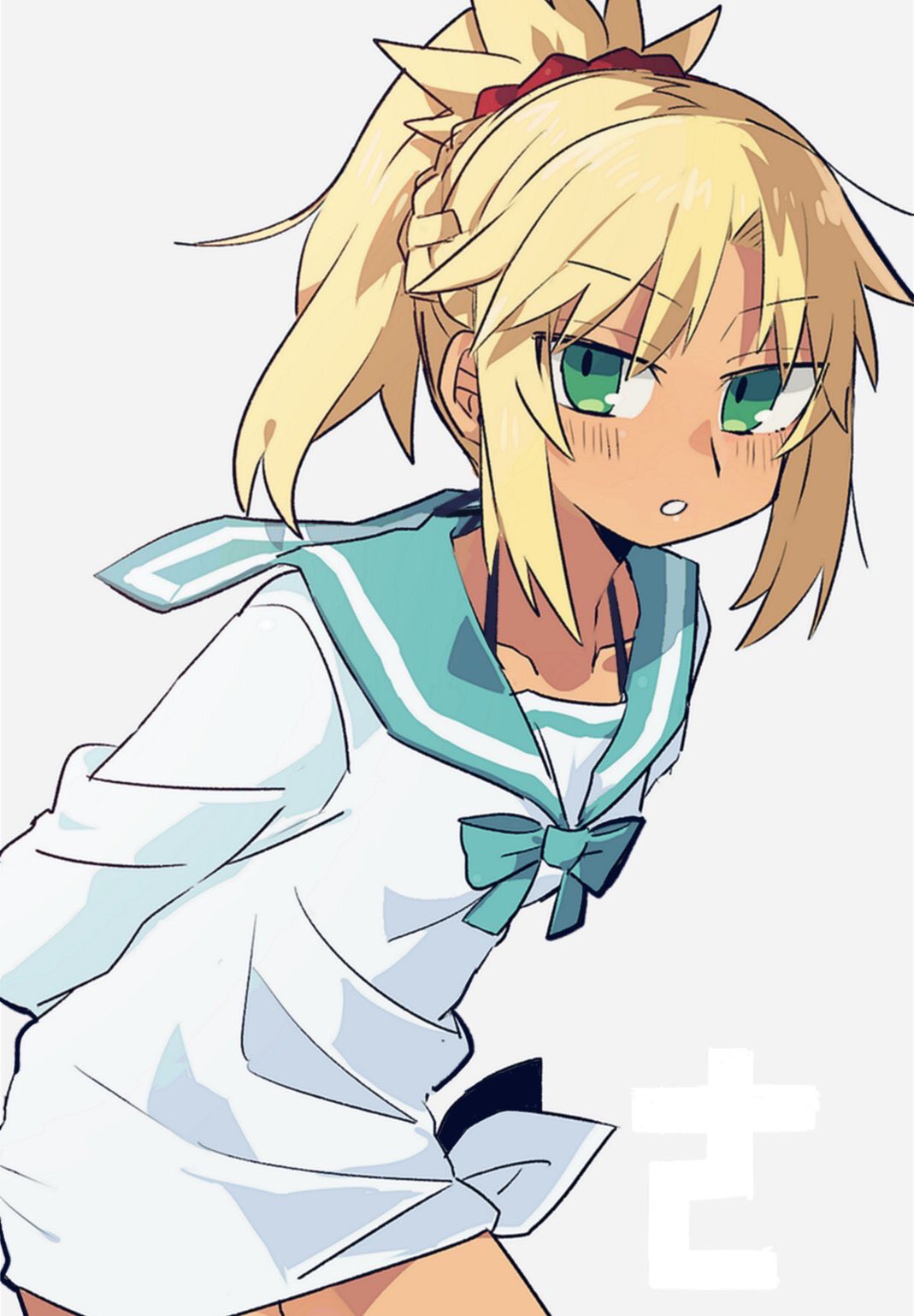 1girl, arms_behind_back, blonde_hair, blue_sailor_collar, blush, dress, fate/grand_order, fate_(series), green_eyes, grey_background, hair_ornament, hair_scrunchie, highres, leaning_forward, looking_at_viewer, mordred_(fate), mordred_(swimsuit_rider)_(fate), mordred_(swimsuit_rider)_(second_ascension)_(fate), parted_lips, ponytail, red_scrunchie, sailor_collar, sailor_dress, scrunchie, simple_background, solo, uotsu_(sabakou), white_dress