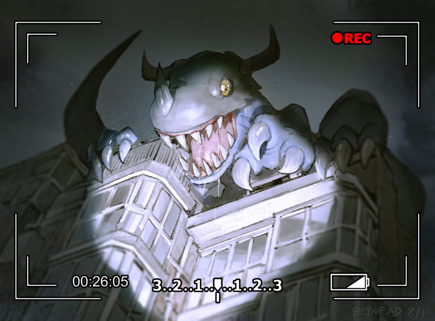 artist_name, bly_mead, building, claws, creature, digimon, digimon_(creature), fangs, grey_sky, greymon, highres, horns, horror_(theme), light, monster, no_humans, recording, saliva, sky, solo, yellow_eyes