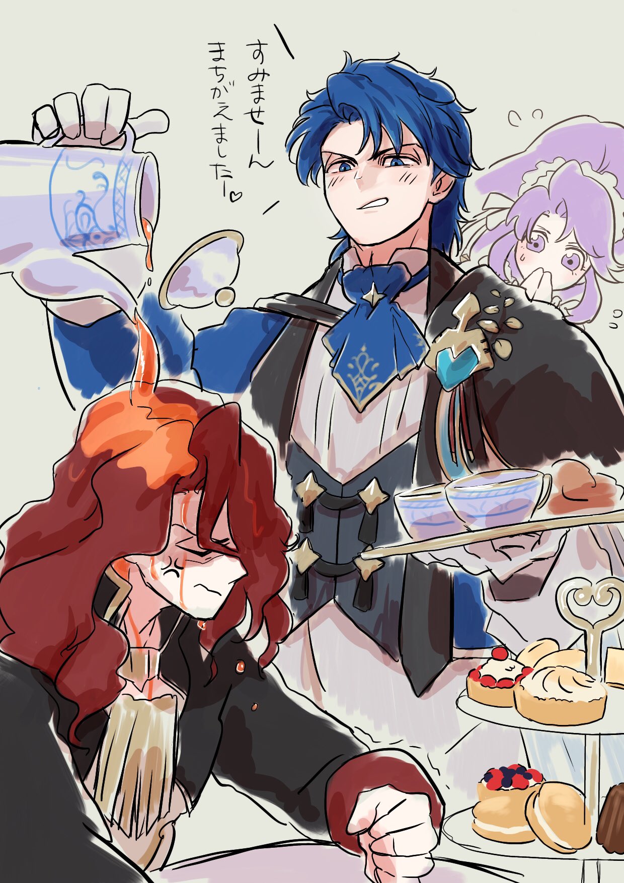 1girl, 2boys, angry, arvis_(fire_emblem), ascot, blue_ascot, blue_eyes, blue_hair, cake, clenched_hand, cup, fire_emblem, fire_emblem:_genealogy_of_the_holy_war, fire_emblem_heroes, food, highres, holding, holding_plate, holding_teapot, multiple_boys, official_alternate_costume, plate, ponytail, pouring_onto_another, purple_hair, redhead, sigurd_(fire_emblem), sigurd_(tea_party)_(fire_emblem), spilling, ta_dasu_(tadasu_hayashi), tailtiu_(fire_emblem), tailtiu_(tea_party)_(fire_emblem), tea, teacup, teapot, tiered_tray, violet_eyes