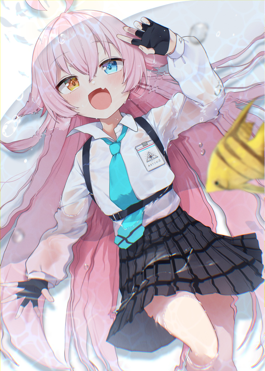 1girl, :d, absurdres, ahoge, angelfish, black_gloves, blue_archive, blue_eyes