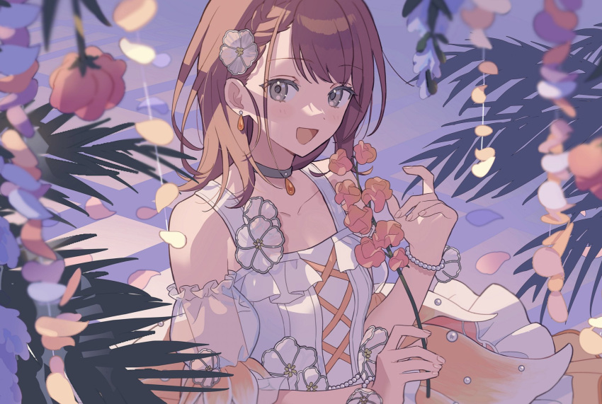 1girl, bare_shoulders, beads, blurry, bracelet, braid, breasts, brown_hair