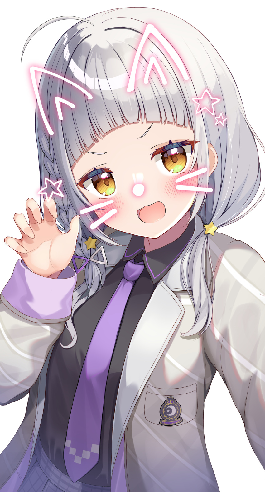 1girl, absurdres, ahoge, alternate_costume, arched_bangs, black_shirt, blush, braid