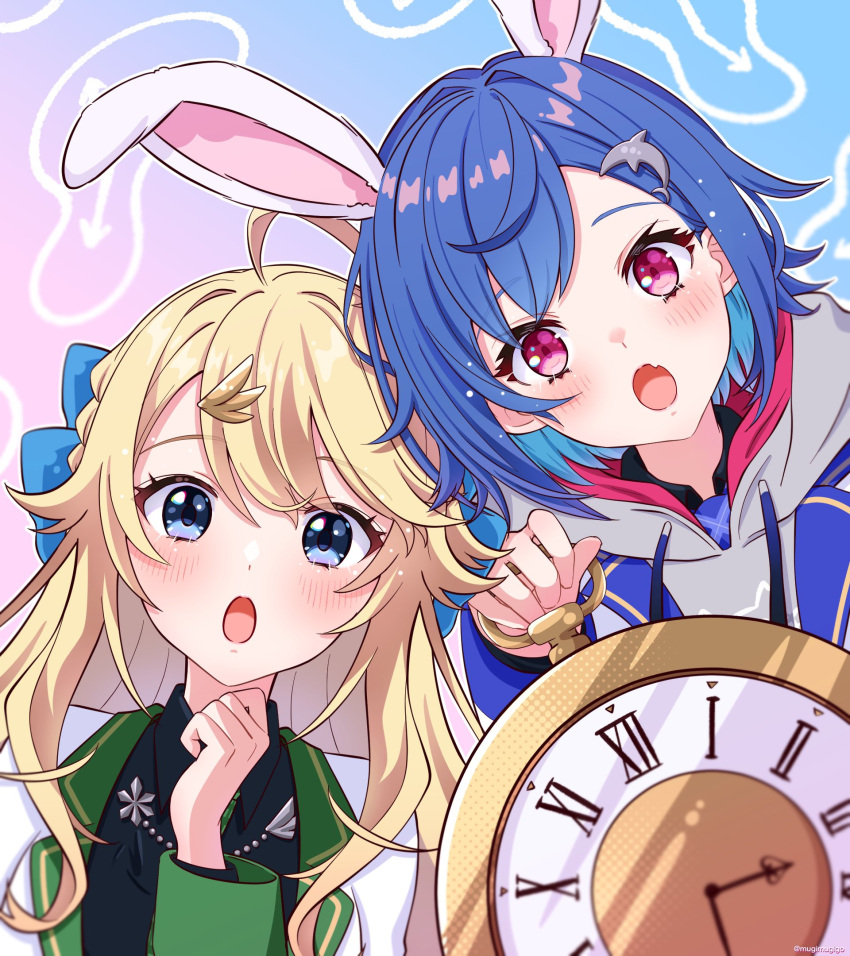 2girls, :o, ahoge, animal_ears, black_shirt, blonde_hair, blue_eyes, blue_hair
