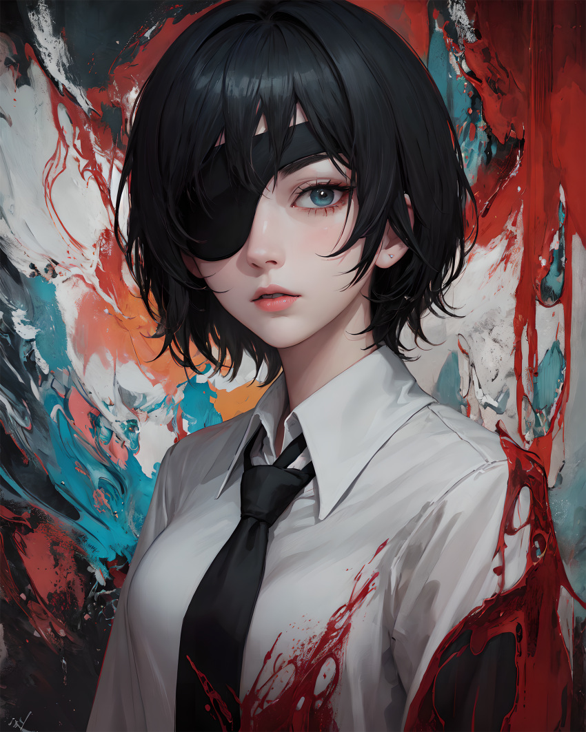1girl, abstract, absurdres, ai-generated, black_hair, black_necktie, chainsaw_man, formal